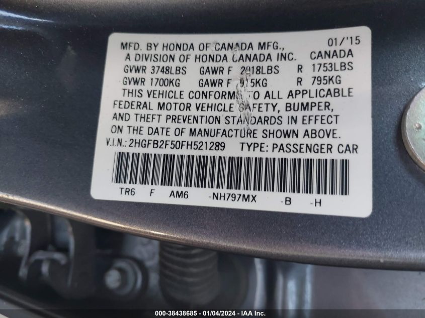 2015 HONDA CIVIC LX - 2HGFB2F50FH521289