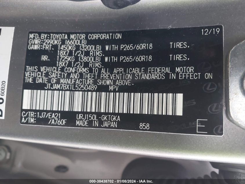2020 LEXUS 460 460 PREMIUM JTJAM7BX1L5250489