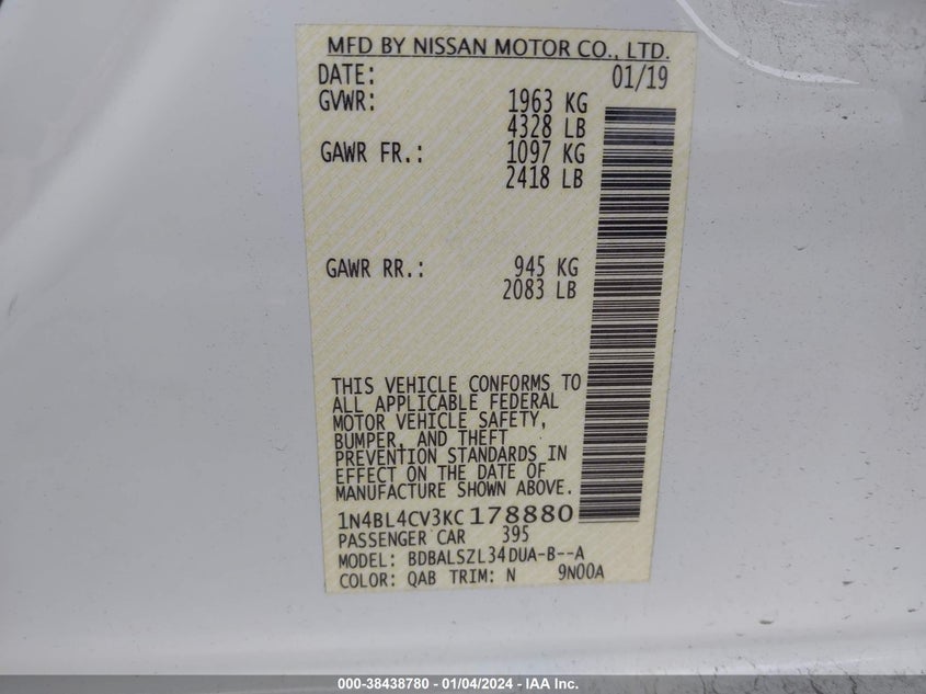 VIN 1N4BL4CV3KC178880 2019 NISSAN ALTIMA SR