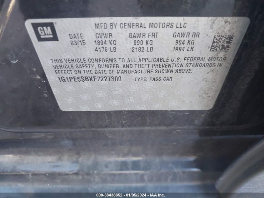 2015 CHEVROLET CRUZE 2LT AUTO - 1G1PE5SBXF7227300