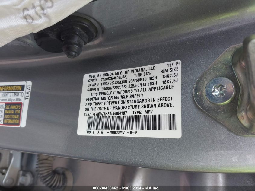 2020 HONDA CR-V EXL - 7FARW1H85LE004187