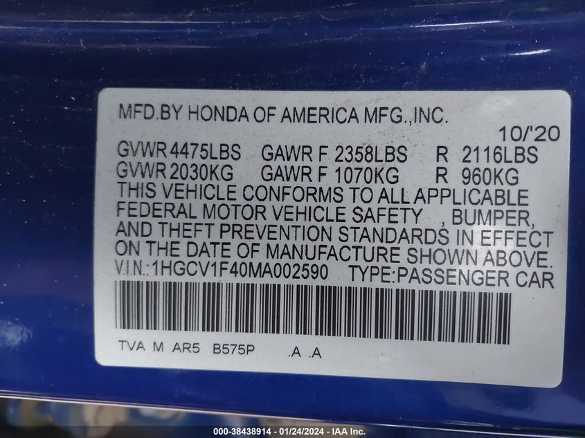 VIN 1HGCV1F40MA002590 2021 HONDA ACCORD SPORT SE