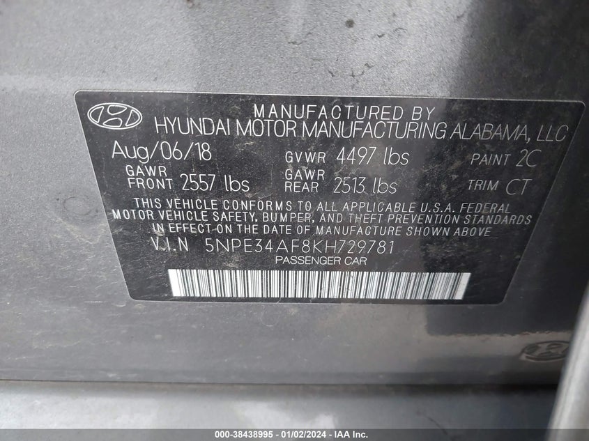VIN 5NPE34AF8KH729781 2019 HYUNDAI SONATA SPORT