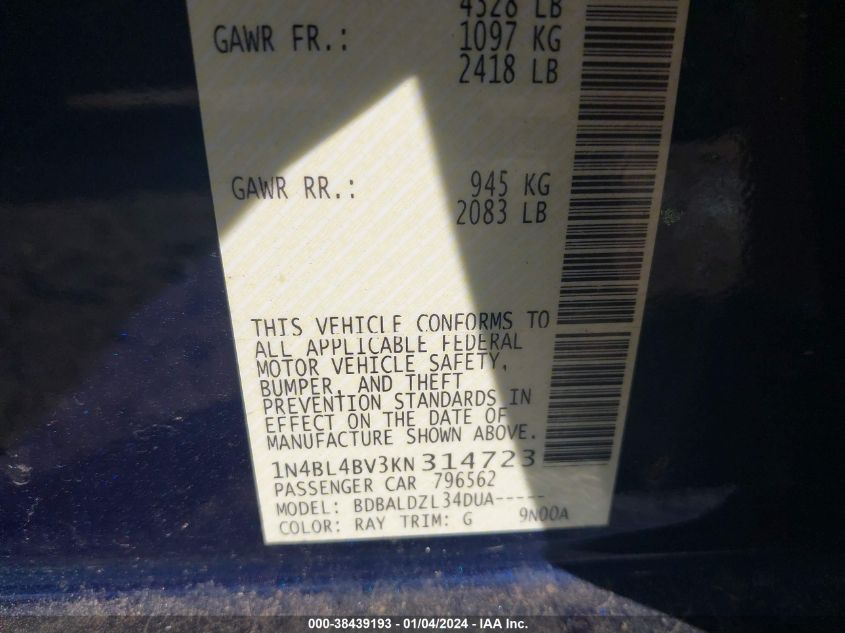 2019 NISSAN ALTIMA S - 1N4BL4BV3KN314723