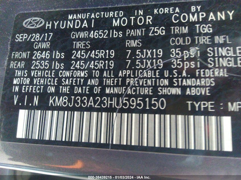 2017 HYUNDAI TUCSON LIMITED/SPORT AND ECO/SE - KM8J33A23HU595150