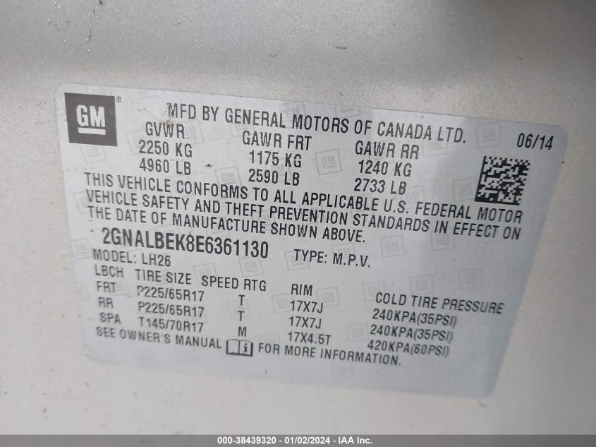 2014 CHEVROLET EQUINOX 1LT - 2GNALBEK8E6361130