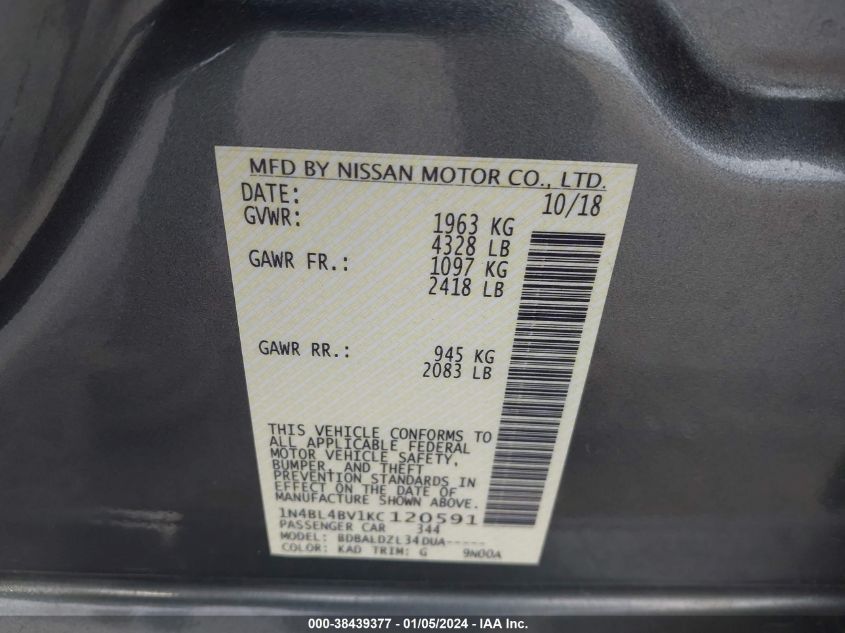 2019 NISSAN ALTIMA 2.5 S - 1N4BL4BV1KC120591