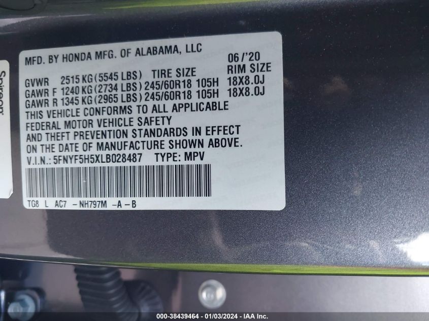 2020 HONDA PILOT EXL - 5FNYF5H5XLB028487