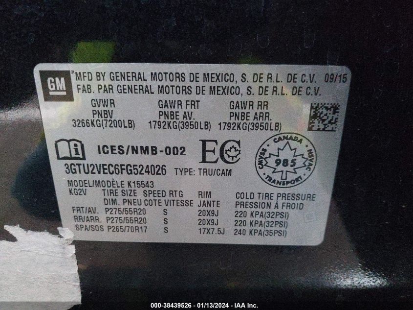 2015 GMC SIERRA 1500 SLT - 3GTU2VEC6FG524026