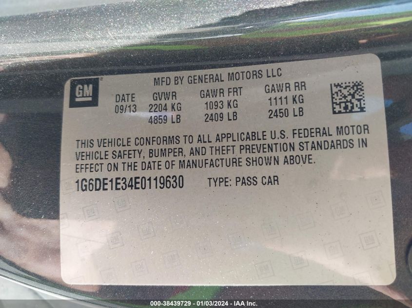2014 CADILLAC CTS STANDARD - 1G6DE1E34E0119630