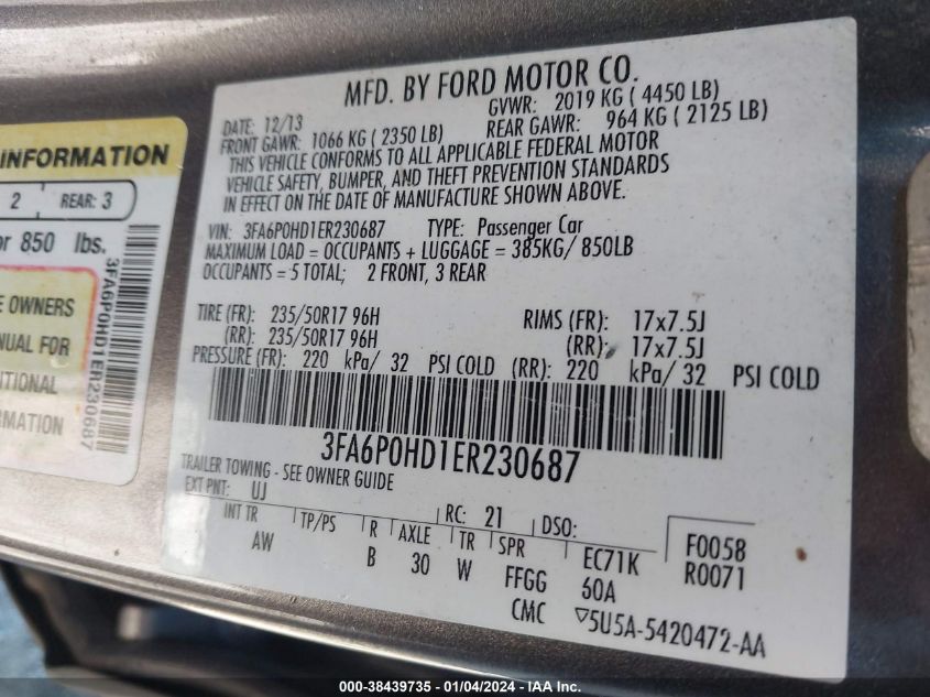 2014 FORD FUSION SE - 3FA6P0HD1ER230687