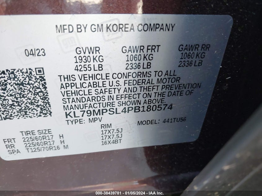 VIN KL79MPSL4PB180574 2023 CHEVROLET TRAILBLAZER LT