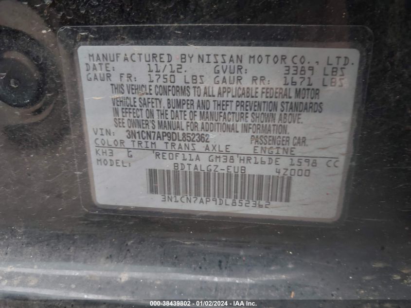 2013 NISSAN VERSA 1.6 SL - 3N1CN7AP9DL852362