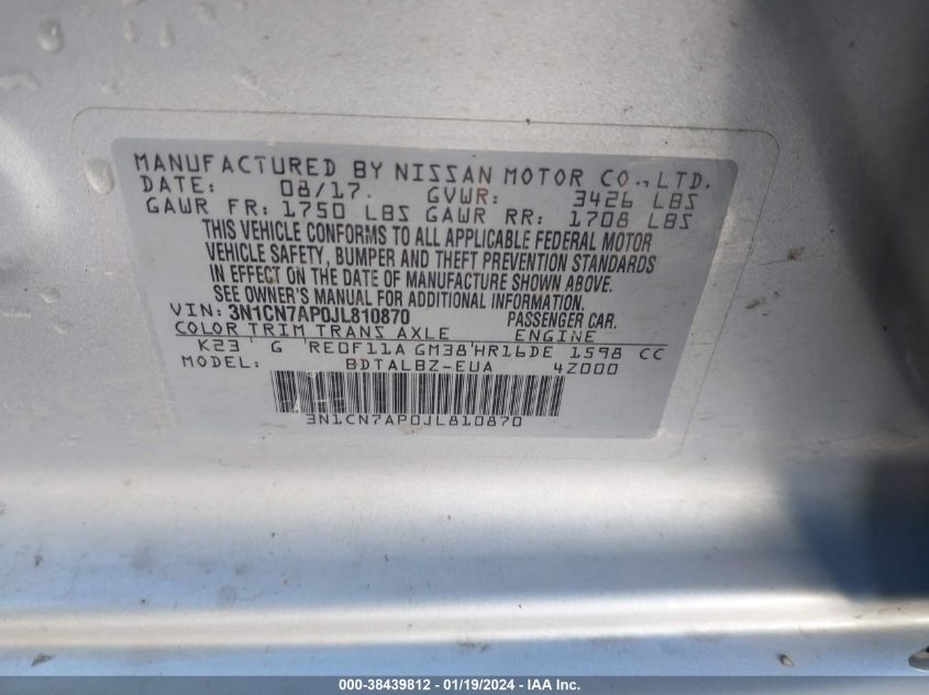 2018 NISSAN VERSA 1.6 SV - 3N1CN7AP0JL810870
