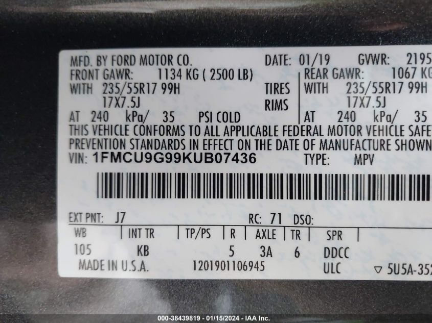 2019 FORD ESCAPE SE - 1FMCU9G99KUB07436