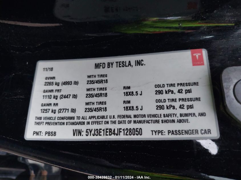 2018 TESLA MODEL 3 LONG RANGE/PERFORMANCE - 5YJ3E1EB4JF128050