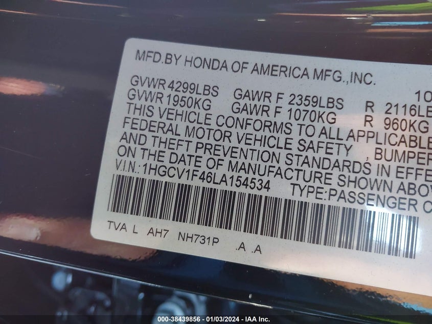 VIN 1HGCV1F46LA154534 2020 HONDA ACCORD EX