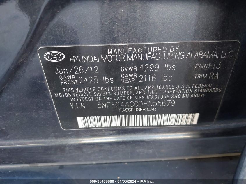 2013 HYUNDAI SONATA SE - 5NPEC4AC0DH555679