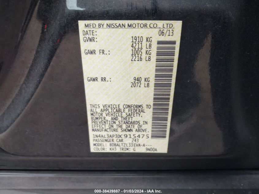 2013 NISSAN ALTIMA 2.5/S/SV/SL - 1N4AL3AP3DC915475