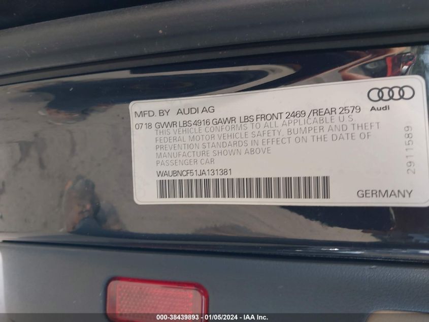 2018 AUDI A5 2.0T PREMIUM - WAUBNCF51JA131381