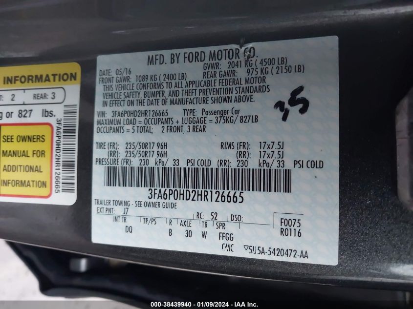 VIN 3FA6P0HD2HR126665 2017 FORD FUSION SE