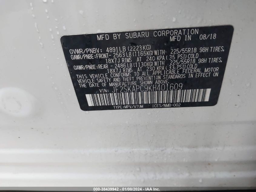 2019 SUBARU FORESTER SPORT - JF2SKAPC9KH401609