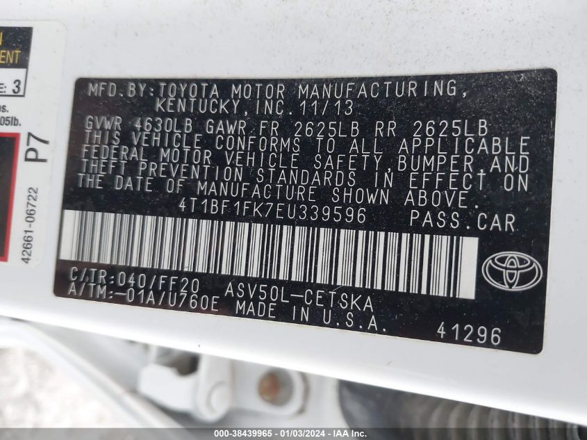 2014 TOYOTA CAMRY L/SE/LE/XLE - 4T1BF1FK7EU339596