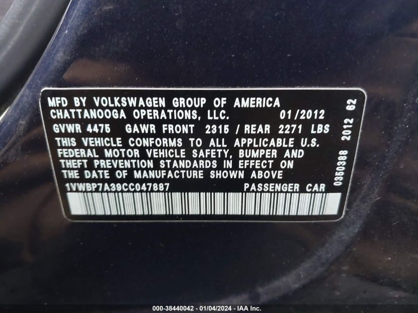 1VWBP7A39CC047887 | 2012 VOLKSWAGEN PASSAT