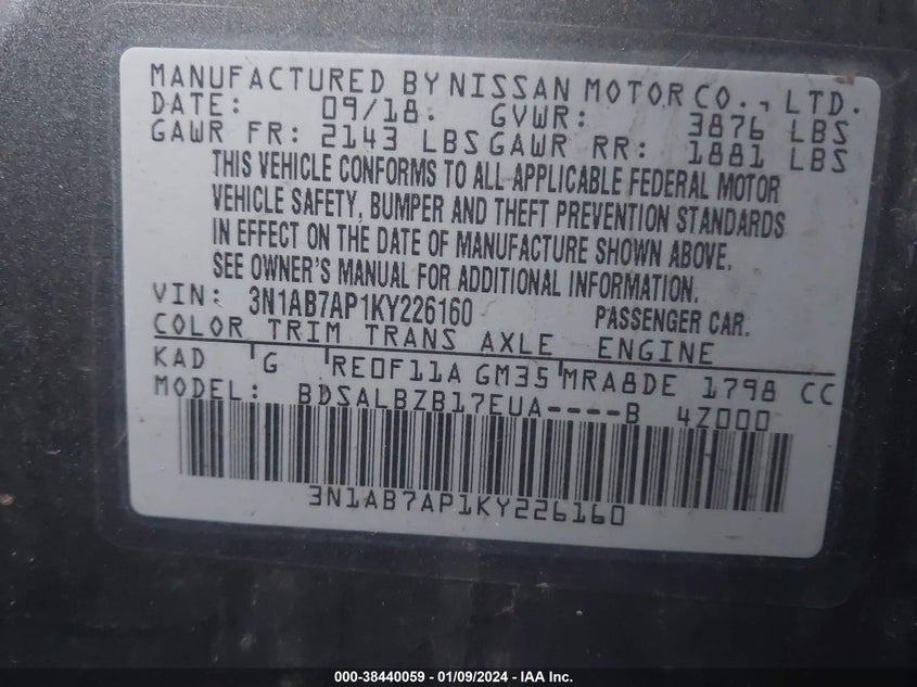 VIN 3N1AB7AP1KY226160 2019 NISSAN SENTRA S