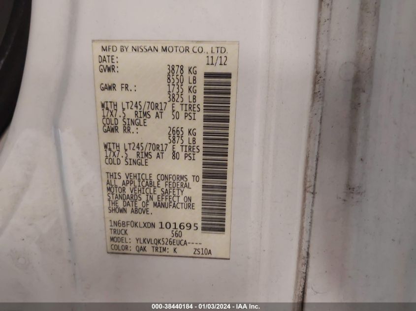 2013 NISSAN NV CARGO NV1500 S V6 1N6BF0KLXDN101695