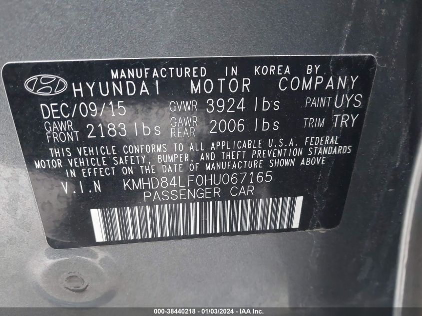 2017 HYUNDAI ELANTRA LIMITED - KMHD84LF0HU067165