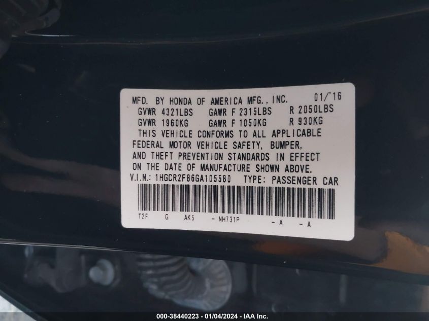 2016 HONDA ACCORD - 1HGCR2F86GA105580