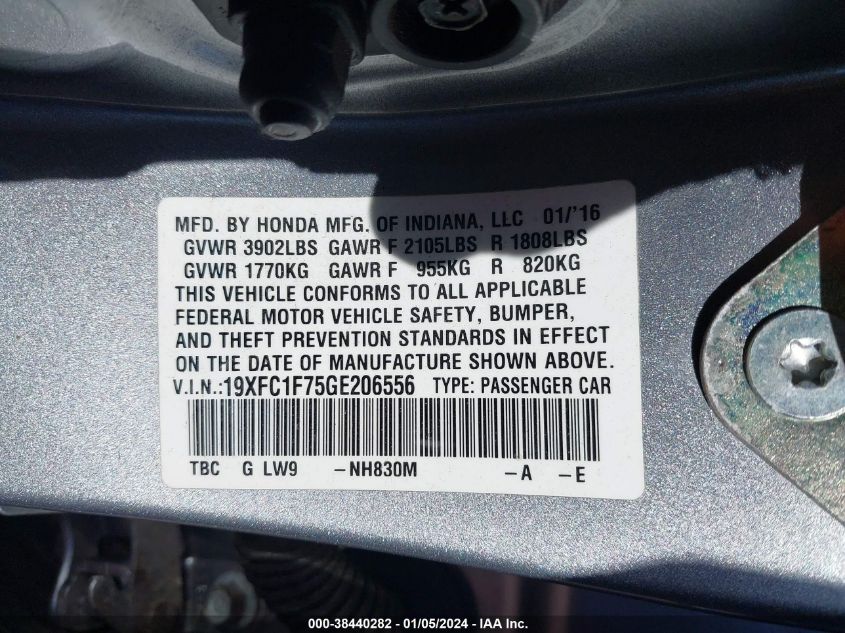 2016 HONDA CIVIC EXL - 19XFC1F75GE206556