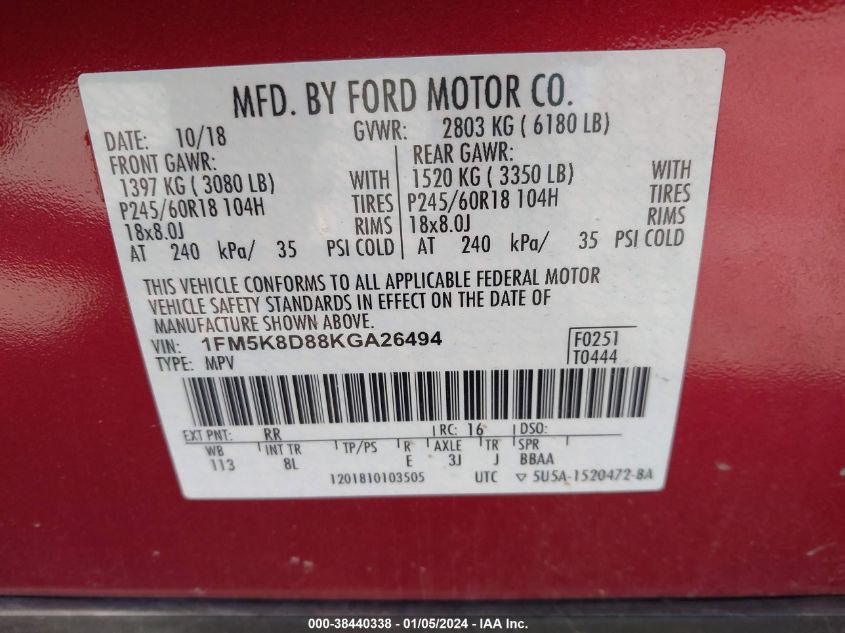 2019 FORD EXPLORER XLT - 1FM5K8D88KGA26494