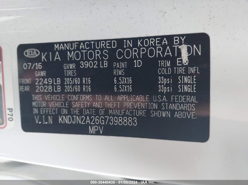 2016 KIA SOUL - KNDJN2A26G7398883