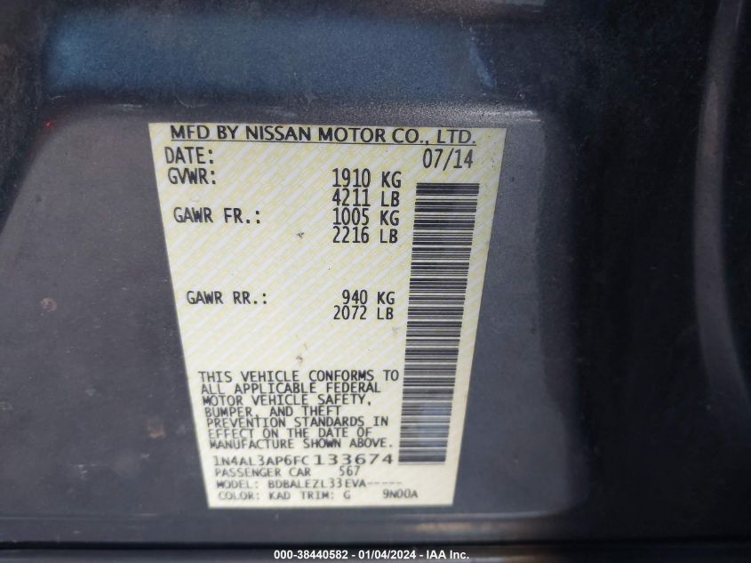 2015 NISSAN ALTIMA 2.5/S/SV/SL - 1N4AL3AP6FC133674
