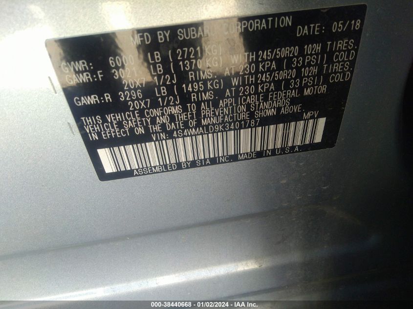2019 SUBARU ASCENT LIMITED - 4S4WMALD9K3401787