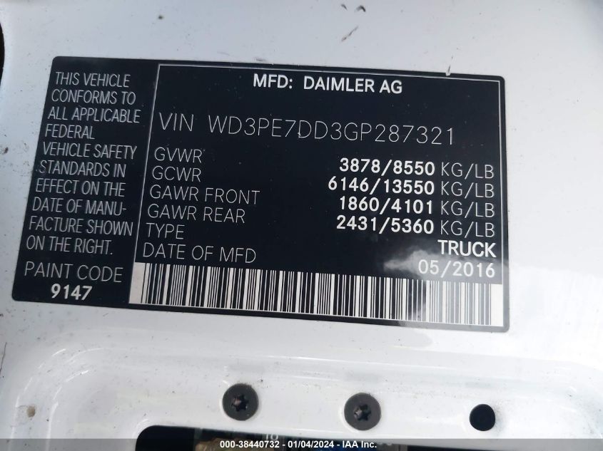 2016 MERCEDES-BENZ SPRINTER 2500 NORMAL ROOF WD3PE7DD3GP287321