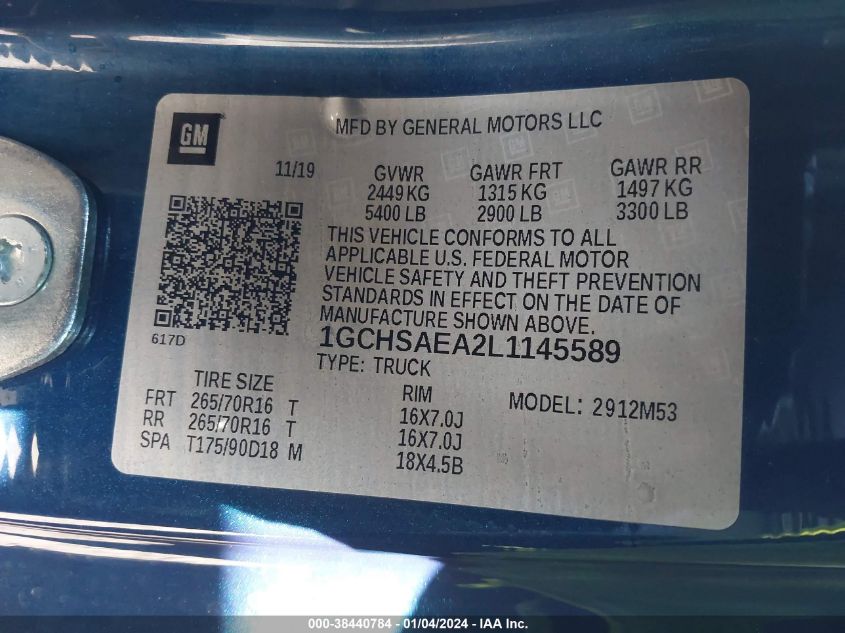 2020 CHEVROLET COLORADO - 1GCHSAEA2L1145589