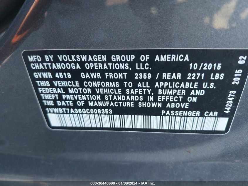 2016 VOLKSWAGEN PASSAT SE - 1VWBT7A36GC008353