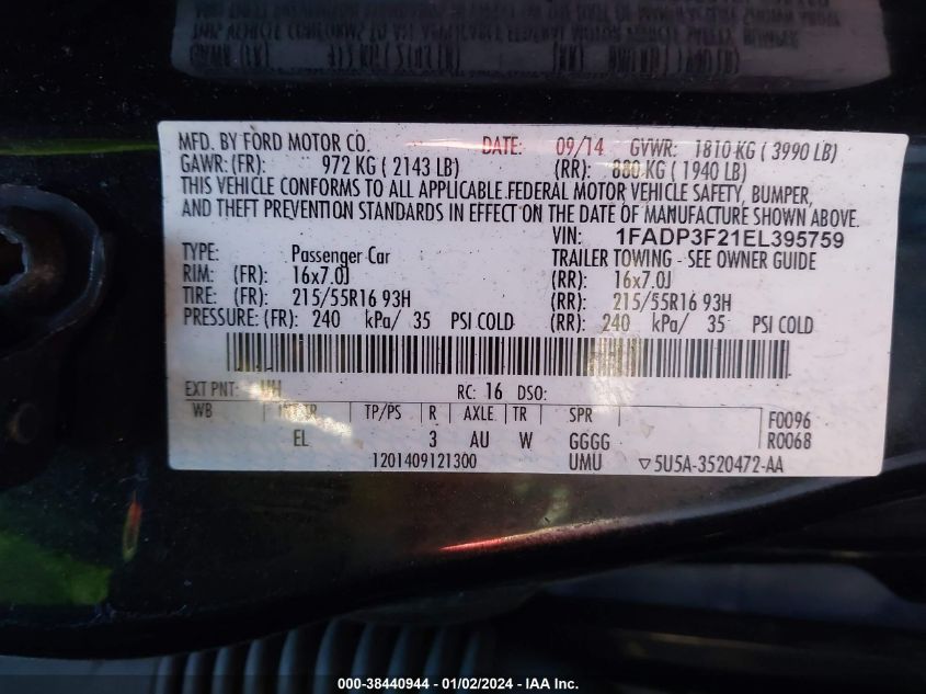 2014 FORD FOCUS SE - 1FADP3F21EL395759