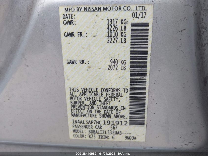 2017 NISSAN ALTIMA 2.5 SV - 1N4AL3AP7HC191912