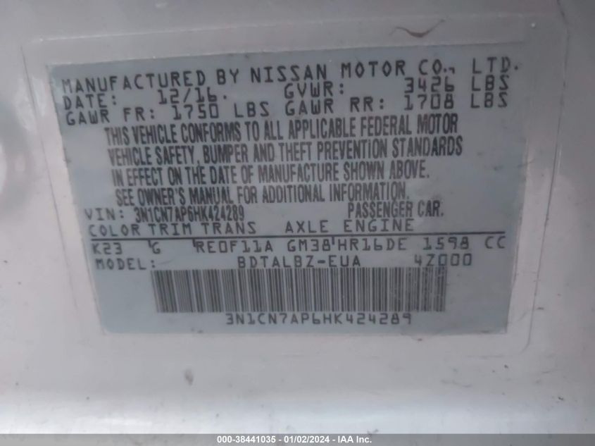 2017 NISSAN VERSA 1.6 SV - 3N1CN7AP6HK424289