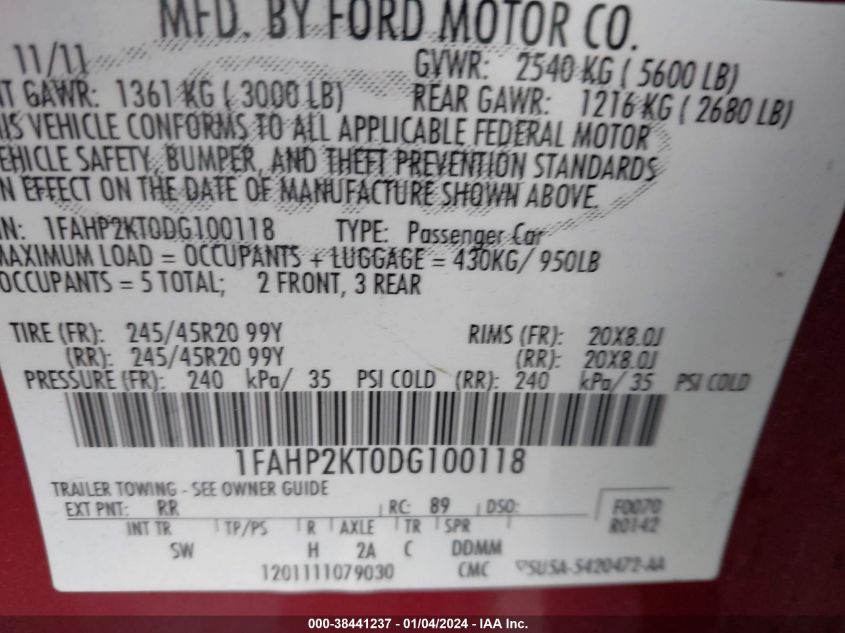 2013 FORD TAURUS SHO - 1FAHP2KT0DG100118