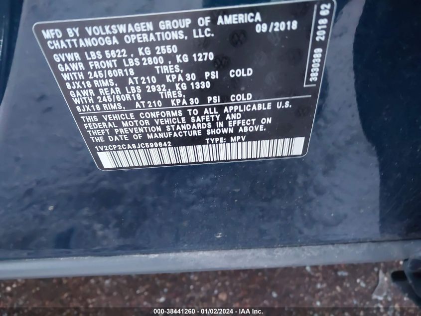 2018 VOLKSWAGEN ATLAS 2.0T SE - 1V2CP2CA8JC599642