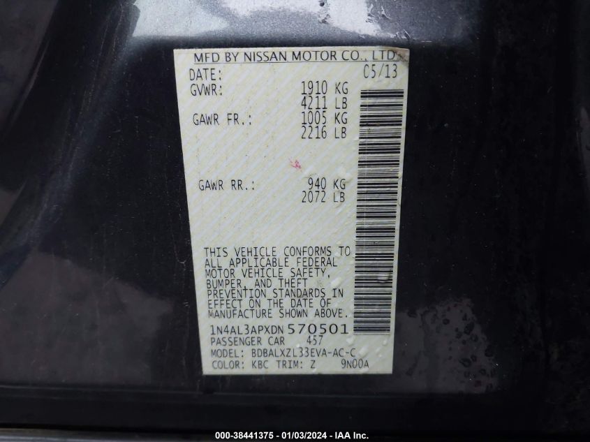 2013 NISSAN ALTIMA 2.5 SL - 1N4AL3APXDN570501