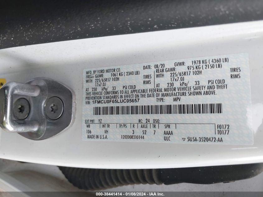 2020 FORD ESCAPE S - 1FMCU0F65LUC05657