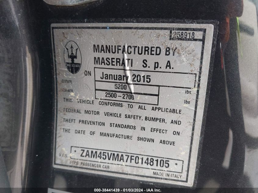 2015 MASERATI GRANTURISMO MC/MC CENTENNIAL/SPORT ZAM45VMA7F0148105