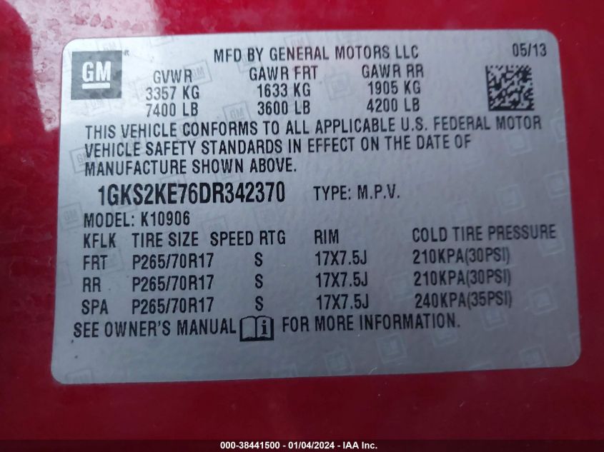2013 GMC YUKON XL 1500 SLT 1GKS2KE76DR342370
