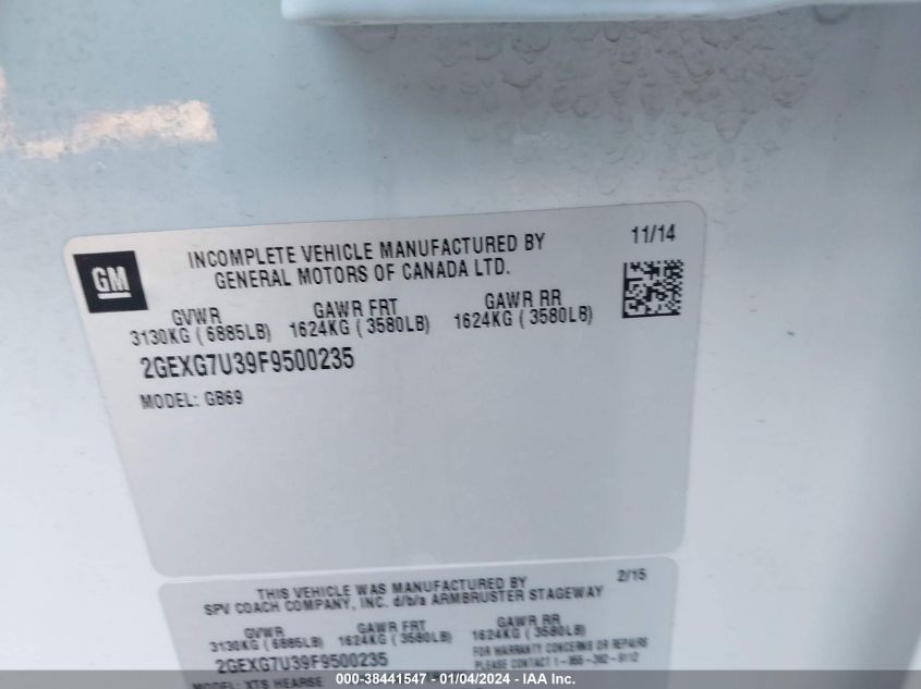 2015 CADILLAC XTS B9Q COACHBUILDER FUNERAL COACH - 2GEXG7U39F9500235